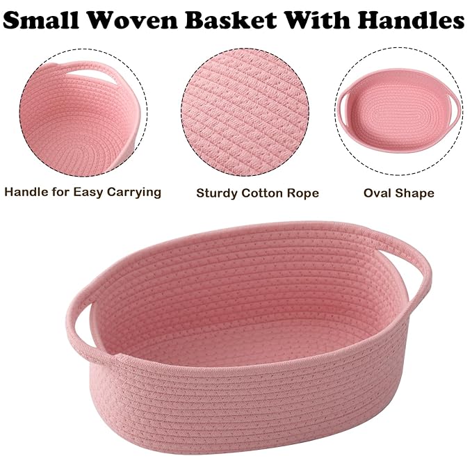 Gift Basket with Gift Bag and Ribbons,Small Rope Woven Shelf Storage,Baskets for Gifts Empty,Birthday,Shower,Decorative Organizer Box for Cat Dog Pet with Handles(Pink)