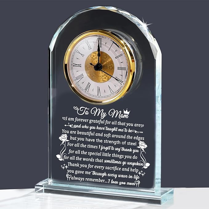 Crystal Desk Clock Gifts for Mom from Daughter Son Birthday Mother's Day I Love You Presents for Mommy Home Christmas Keepsakes for Her Table Decor