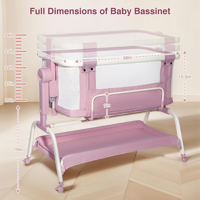 Bedside Cribs 3 in 1 Baby Bassinet Bedside Sleeper with Adjustable Height Easy Folding Portable Crib Comfy Mattress and Wheels - Pink