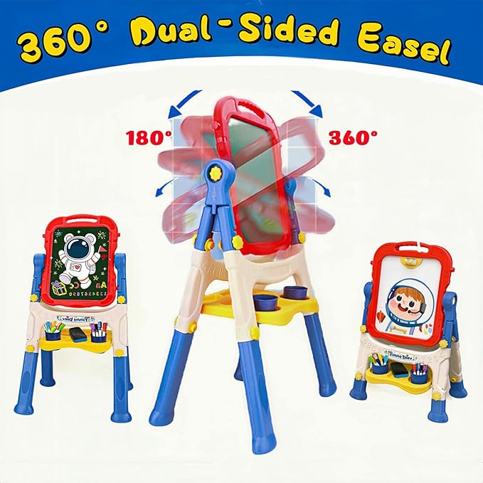 Art Easel for Kids 2-4, Kids Easel Art Magnetic White Board & Chalkboard Double Side Adjustable Stand Drawing Writing Learning Educational Toy for Boys Girl Birthday Gifts(Blue)