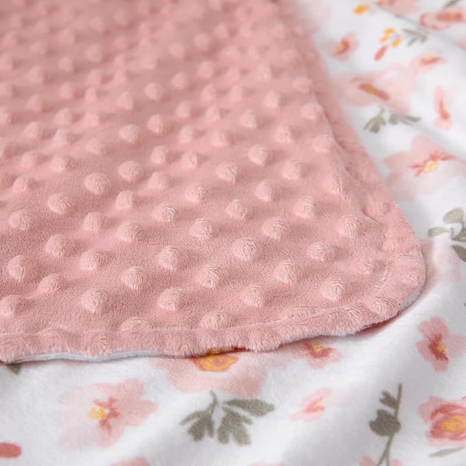 DaysU Silky Micro Soft Plush Baby Blankets for Girls with Print Floral Pattern and Soothing Raised Dots, Double Layer Bed Throws for Baby Crib, Blossom, Pink, 30x40 Inches