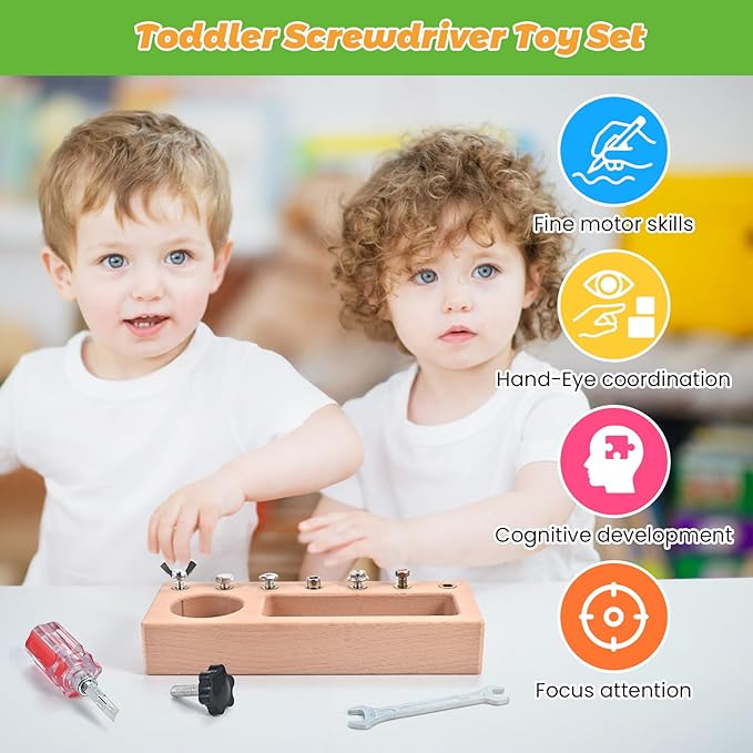 Montessori Screwdriver Board Set, Wooden Montessori Toys for 3 4 5 Year Old, Toddler Screwdriver Toy, Kids Tool Set, Preschool Learning Sensory Toy, Fine Motor Skills Toys