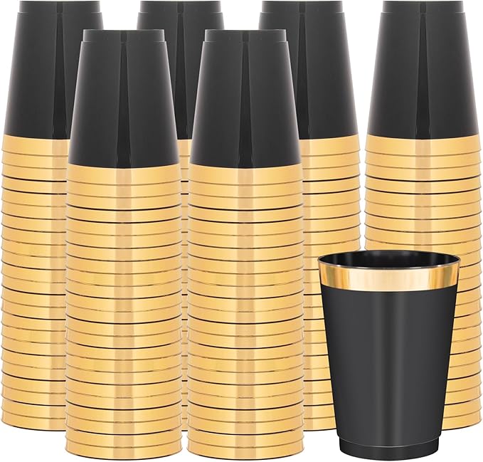 supernal 200pcs Black Plastic Cups 10oz – Disposable Cups with Gold Rim, Premium Black and Gold Plastic Cup, Disposable Cocktail for Wedding, Birthday, Halloween, Christmas & Thanksgiving Parties