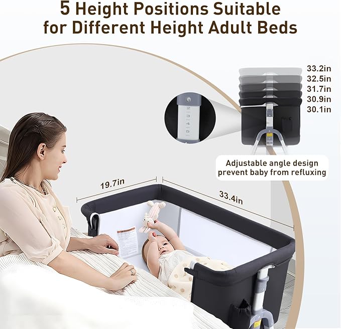 4 in 1 Bedside Bassinet for Baby, Portable Bassinets with Wheels, Baby Crib with Changing Station, Mattress Included and Storage, Foldable Travel Bassinet for Infant/Newborn- Black- Half Mesh