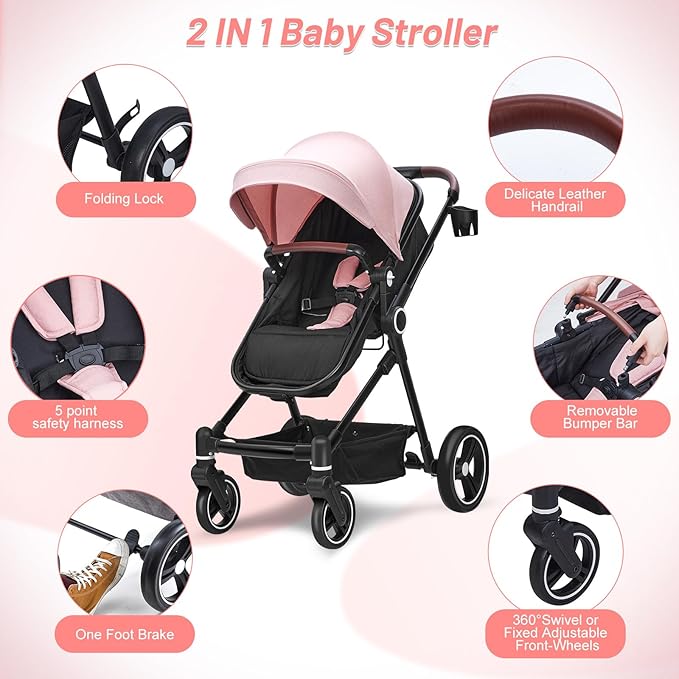 2 in 1 Baby Stroller for Toddler 0-3, Bassinet Stroller for NewbornToddler with Large Storage Basket, Removable Seat, Cup Holder, Shock Absorbing