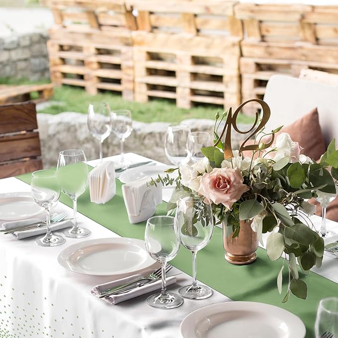 8Pack Plastic Tablecloths and Satin Table Runner Set Disposable White and Sage Green Dot Table Cloth Green Satin Table Runner for Wedding Birthday Baby Shower Anniversary Holiday Party Decorations