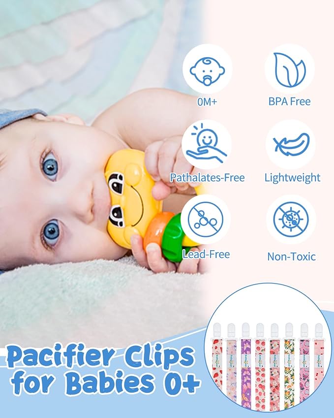 Babygoal Fruit Pacifier Clips, 8 Pack Binky Paci Holder Clips for Baby Boys and Girls Fits for Most Pacifier, Binkie Styles & Baby Teethers & Toys and Gift 8PS52-B