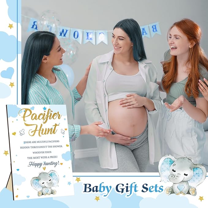 Thyle 51 Pcs Pacifier Hunt Baby Shower Games Include Hunt Sign and 50 Acrylic Pacifiers for Baby Shower Game Decoration Gift Sets Gender Reveal Party Decor(Blue Elephant)