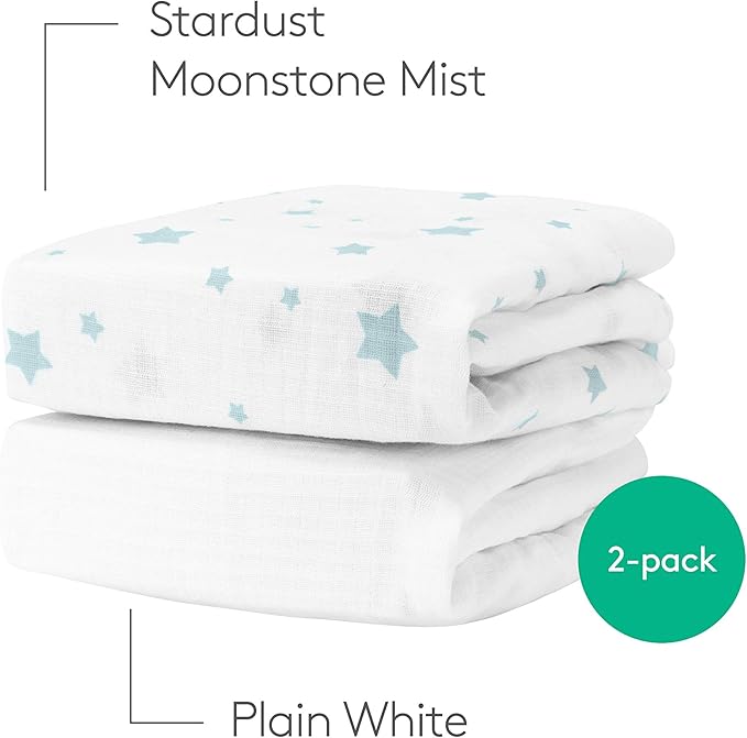 Newton Baby Organic Fitted Crib Sheets (2-Pack) - Ultra Breathable and Soft, 100% Organic Muslin Cotton, Stardust in Moonstone Mist & Solid White, Fits Standard Cribs