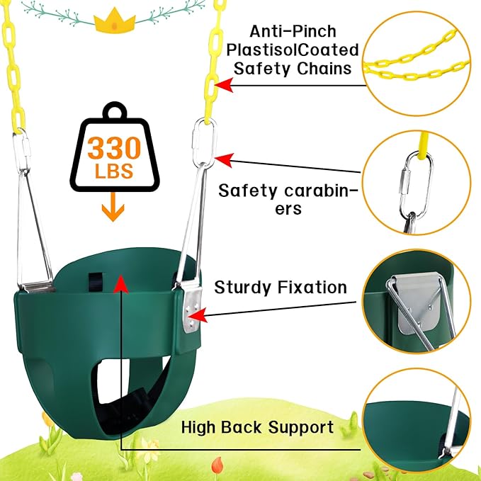High Back Full Bucket Toddler Swing Seat with 3- Point Adjustable Safety Harness, 66 inch Detachable Chain,Suitable for Babies Aged 6-24 Months,Baby Swing for Swingset (Green)