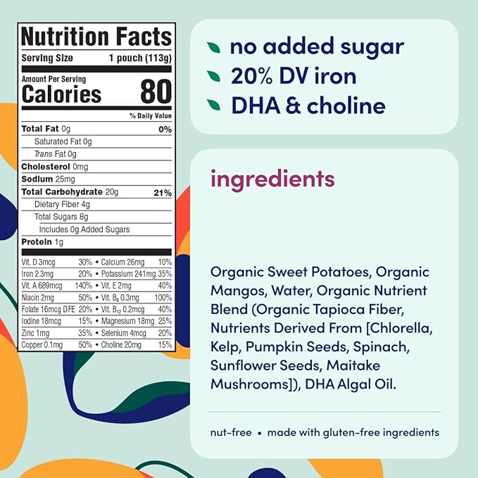 Cerebelly Organic Baby Food Pouches – Organic Veggie Purees for Toddlers | No Added Sugar, Fiber, Non-GMO | Blended Toddler Food | 4oz BPA-Free Baby Food | Sweet Potato Mango | 12 Count