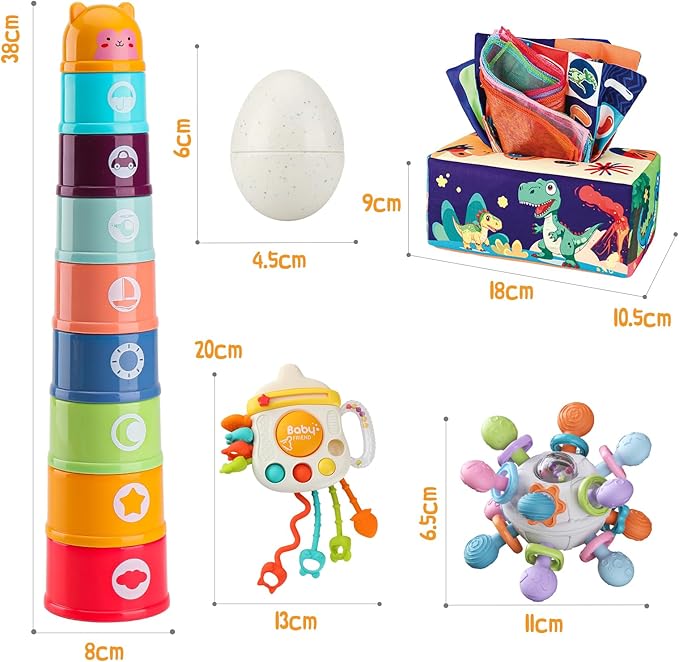 5 Pcs Baby Montessori Toys for 6 12 18 Months, Gift for 1 Year Old Boy Girl, Baby Tissue Box, Dino Matching Egg, Pull String Toy, Teething Toy, Stacking Cup