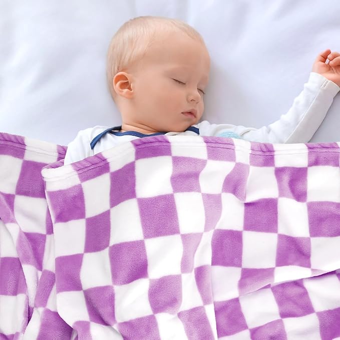 Plush Checkered Baby Blanket for Boys Girls Nursery, 30"*40" Warm Short Fleece Blanket Neutral for Infant Newborn, Small Fuzzy for Sleeping, Chenille or Stroller (Purple&White)