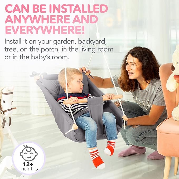 CaTeam Canvas Toddler Swing – Indoor/Outdoor Hanging Chair for Patio & Playroom with Safety Belt – Wooden Baby Seat for Ages 12+ Months – Dark Gray