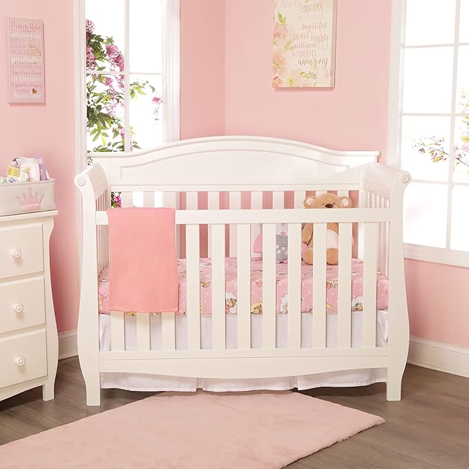 2 Pack Fitted Crib Sheets for Girls in 100% Jersey Knit Cotton – Pink and Yellow Precious Moments Design Plus Solid Pink Girl’s Crib Mattress Sheets by Everyday Kids