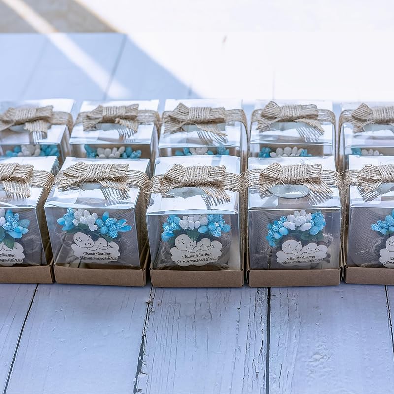 Ju's Favors Wooden Candle Holders (Set of 10), Baby Shower Favors, Boy Christening Favors, Baby Christening Party Favors for Guests.(Light brown-blue)