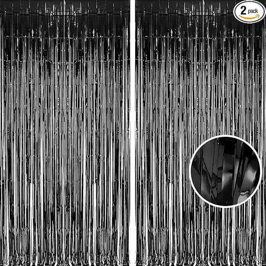 Foil Fringe Curtain Halloweens Party Decorations - Pure Black Tinsel Photo Backdrop Party Steamers Curtains for Birthdays Music Christmas Stranger Theme Parties