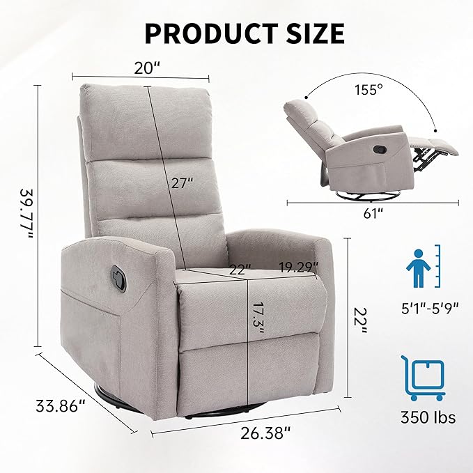 360° Swivel Rocking Chair for Nursery, Manual Glider Chair Nursing Chair with Side Pockets, Polyester Glider for Living Room, Heavy Duty Motion Mechanism, Light Gray