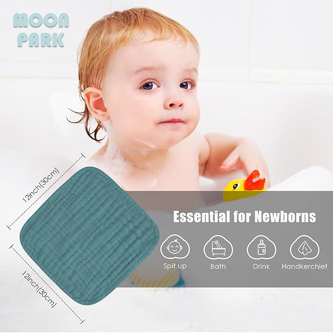 MOON PARK Baby Washcloths, 12 Pack - 12x12 Inches, Small Burp Cloths and Baby Wipes - 100% Cotton Muslin Ultra Soft for Newborn, Infant and Toddlers - Ivory, Slate and Emerald Series