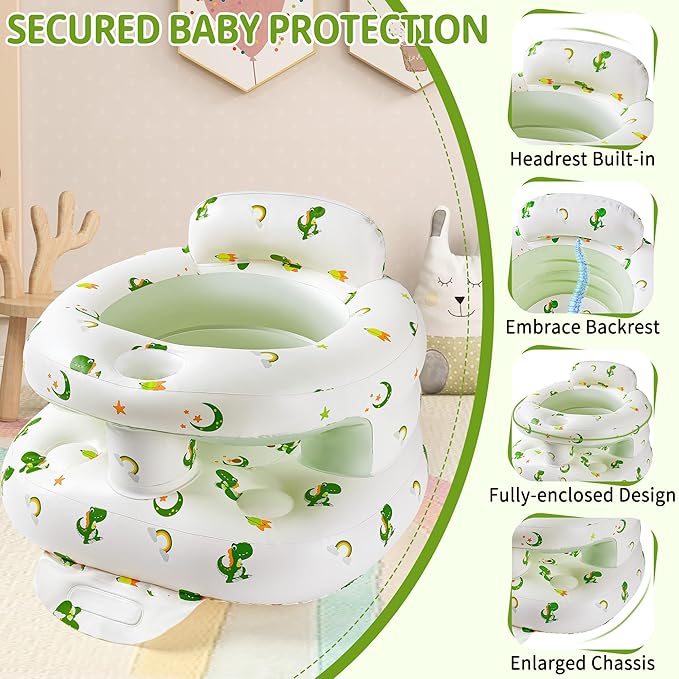 Inflatable Baby Seat with Full Enclosure, Comfortable Sit Me Up Baby Chair for Learning to Sit, Built in Air Pump Blow Up Infant Back Support Floor Seat for Babies 3 Months & Up (Dinosaur-Regular)