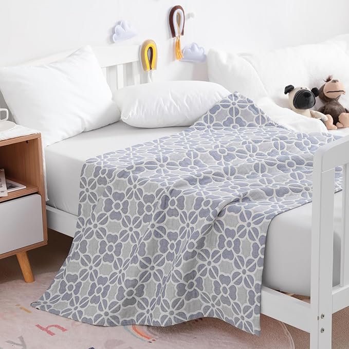 NTBAY 3 Layer Oversized Muslin Cotton Toddler Blanket, 45x60 Inches Jacquard Reversible Nursery Bed Blanket, Super Soft and Thermal Crib Blanket for All Seasons, Baby Gift, 45"x60", Blue Clover