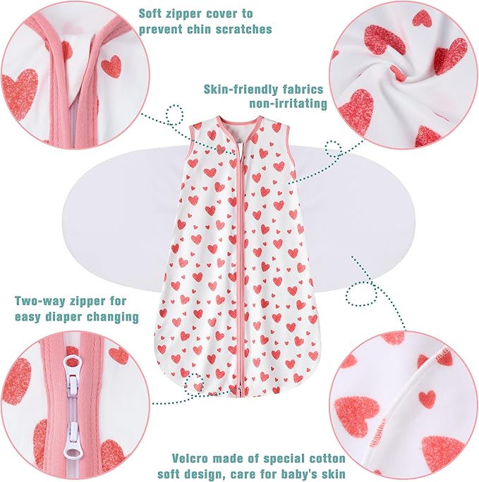 Newborn Sleep Sack Baby Swaddle,Swaddle me 3-6 Month,3-Way Adjustable Wearable Blanket,100% Rayon Cotton Swaddling Sleeping Bag,TOG 0.5 (Love, 3-6 Months)