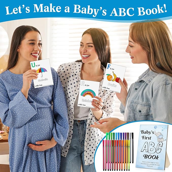 Geelin 51 Pcs Fun Baby Shower Game Activities First Abc Book Sign Coloring Game Card 26 Alphabet a to Z Coloring Card with 24 Watercolor Pen Storage Bag for Baby Shower Party(Blue Elephant)