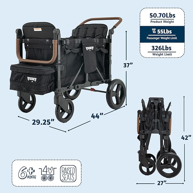 Keenz XC+ EVO - Luxury 4 Passenger Stroller Wagon for Kids | Foldable 4 Passenger Quad Seater with Adjustable Canopy | Black