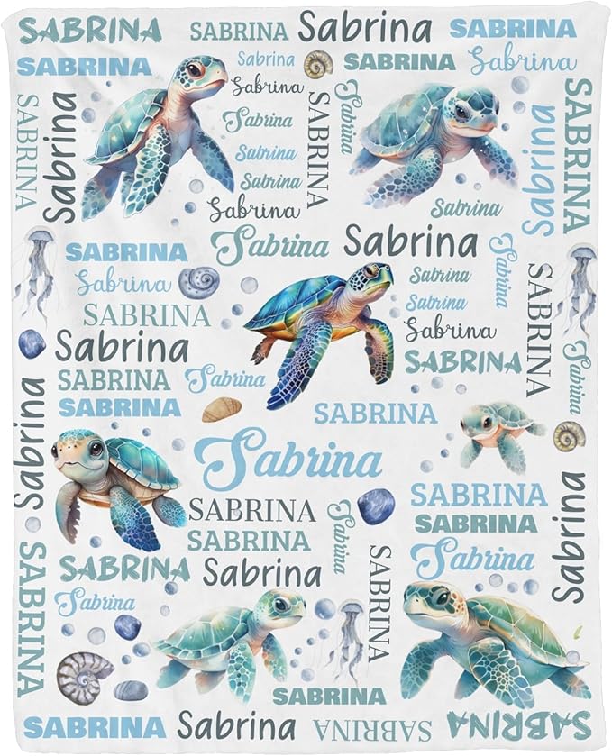 Personalized Baby Blanket for Boys Girls Turtle Custom Baby Blankets with Name Dotted Backing Customized Gifts for New Mom Customize Baby Blanket for Kids Newborn Birthday Blue