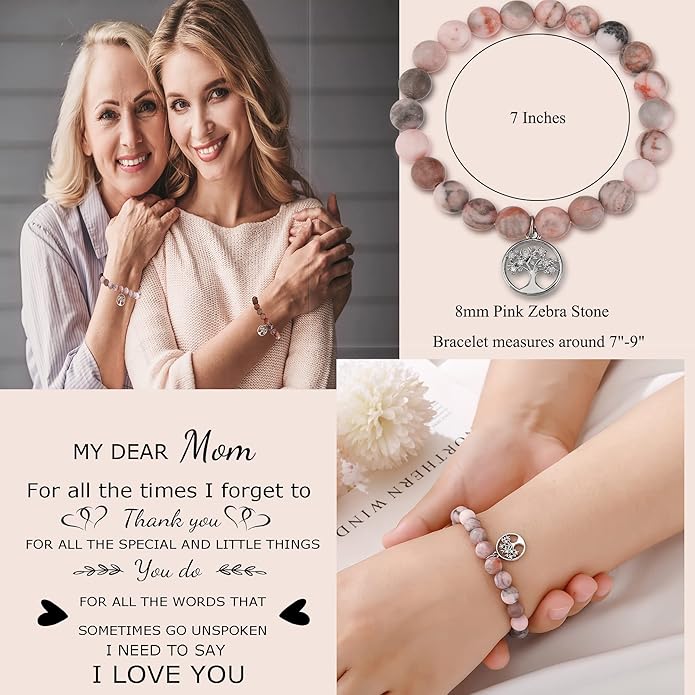 QWNHONEY Mothers Day Gift for Grandma Mom Mother in Law Sister in Law Bonus mom Granny Nana Valentine's Day Birthday Anniversary Pink Red Natural Stone Tree of Life Bracelet