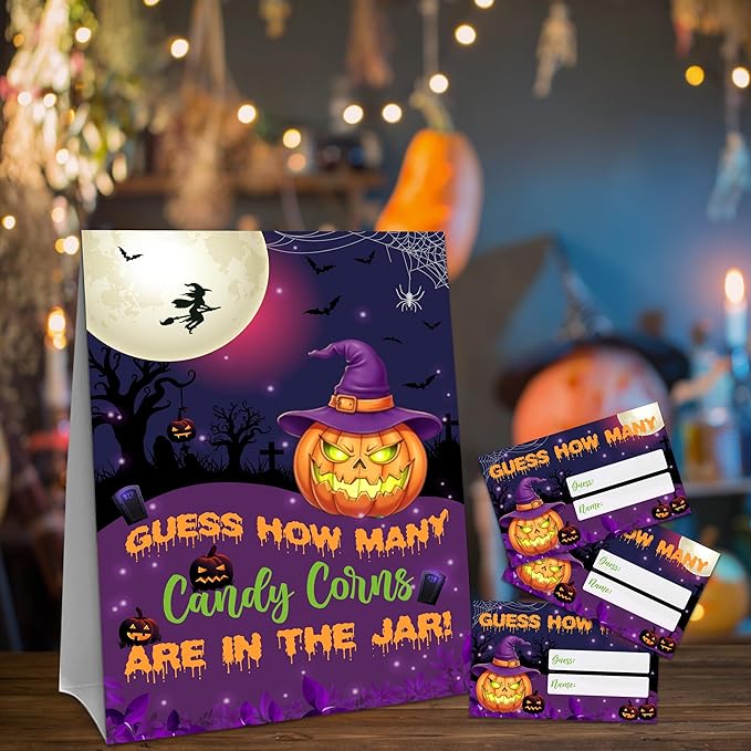 Halloween How Many Candy Corns Are In The Jar - 1 Standing Sign & 50 Guessing Cards - Halloween Pumpkin Party Game & Decoration For Boys, Girls, Adults - Baby Shower, Birthday Game Set - A08