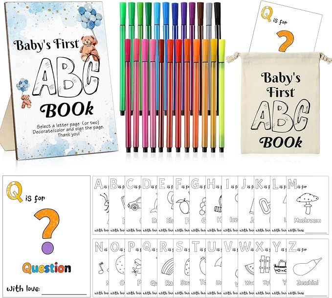 Geelin 51 Pcs Fun Baby Shower Game Activities First ABC Book Sign Coloring Game Card 26 Alphabet a to Z Coloring Card with 24 Watercolor Pen Storage Bag for Baby Shower Party(Blue Bear)