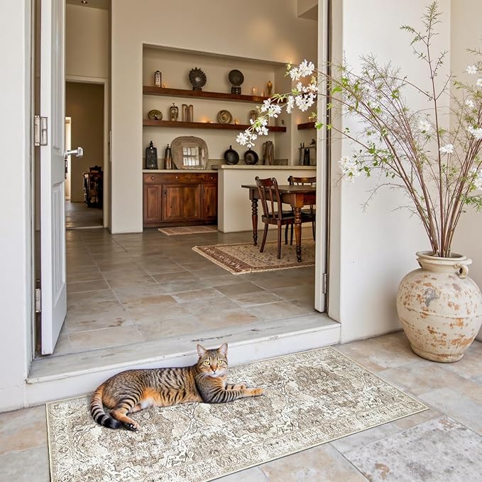 jinchan Runner Rug 2x5 Washable Hallway Rug Vintage Traditional Floor Cover Thin Taupe Multi Distressed Floral Indoor Mat for Kitchen Bathroom Bedroom Living Room