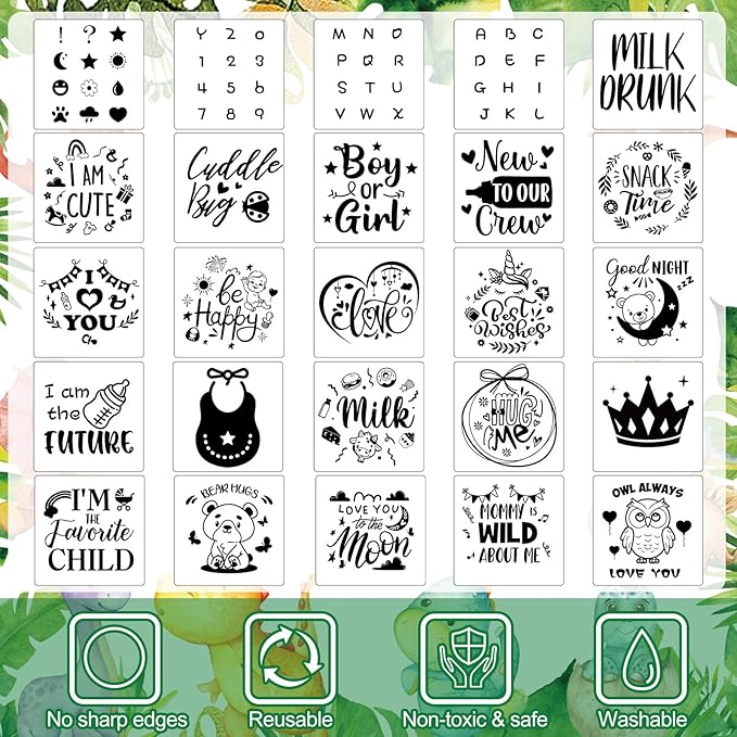 Panitay 126 Pcs Baby Shower DIY Bodysuit Set Rustic Kraft Baby Shower Game Sign DIY Bib 25 Blank White Newborn Bodysuit 25 Stencils 24 Marker 1 Sign 50 Pins for Gender Reveal(Dinosaur)