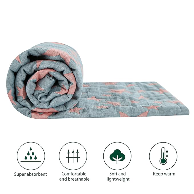NTBAY 3 Layer Toddler Blanket, Muslin Cotton Jacquard Bed Blankets, Lightweight Thermal Baby Blanket, Super Soft and Warm Crib Blanket for All Seasons, Decoration Gift, 45"x60", Red and Blue Star