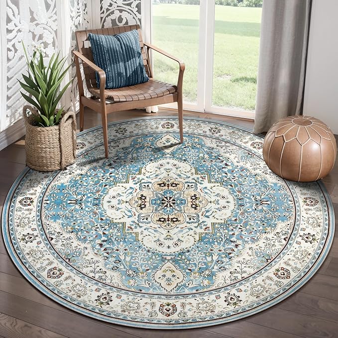 Ciicool Washable Area Rug Round 5’x5’ Boho Bedroom Rug Non-Slip Oriental Entry Throw Rug Low-Pile Indoor Floor Carpet for Dining Room Laundry Foyer Decor (Vintage Blue)