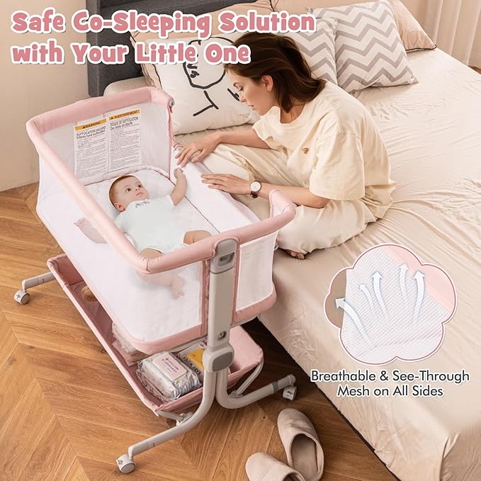 BABY JOY Bassinet, Bedside Crib w/ 6-Level Adjustable Height, Storage Shelf, Wheels, Mattress & Carry Bag for Safe Co-Sleeping, Folding Bassinet Bedside Sleeper for Newborn Infants (Pink)