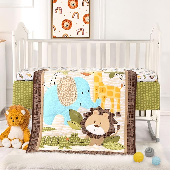 Wowelife Safari Crib Bedding Set, Mini Crib Bedding Set Boy. 3-Piece Mini Crib Comforter Set Nursery Bedding Sets for Boys Include Crib Comforter, Skirt and Sheet, Brown