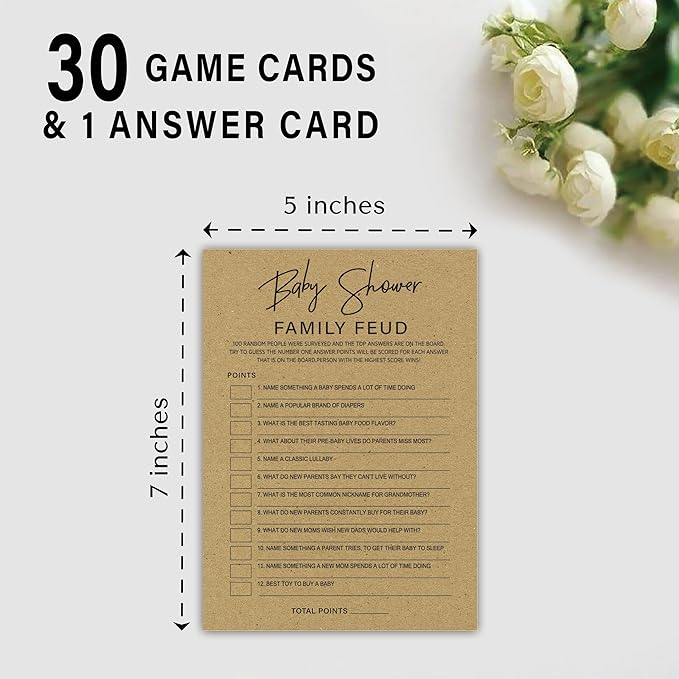 Family Feud Baby Shower Game - Pack of 30 Cards & Answer Key, Gender Neutral Decorations & Supplies
