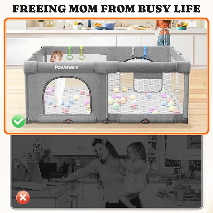 Foldable Baby Playpen: 71" L x 59" W x 27" H, Large Kids Play Yard with Mat for Indoor and Outdoor, Portable Baby Gate with 50PCS Ocean Ball, 4 Handles