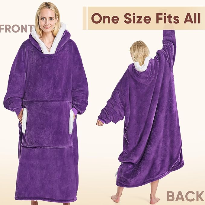 yescool Wearable Blanket Hoodie - birthday gifts for Adults/Women/mom, Flannel Cozy Sherpa Fleece Blanket Sweatshirt with Hood, Pocket & Sleeves, Large, One Size Fits All (Deep Purple)