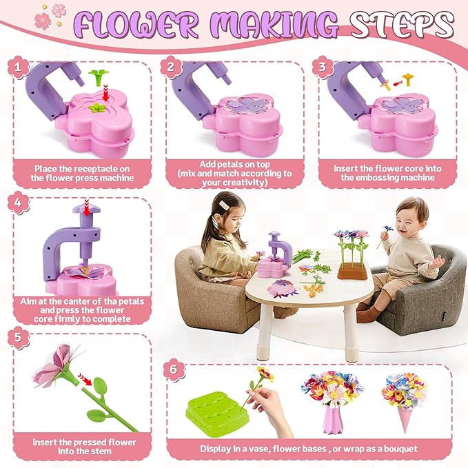 Fabric Flower Bouquet Toys for Kids – Mess-Free & Creative DIY Arts and Crafts for Child Ages 3 4 5 6 7 8 9+, No Glue Needed, Fun Early Educational STEM Gift for Birthdays, Christmas, Holidays