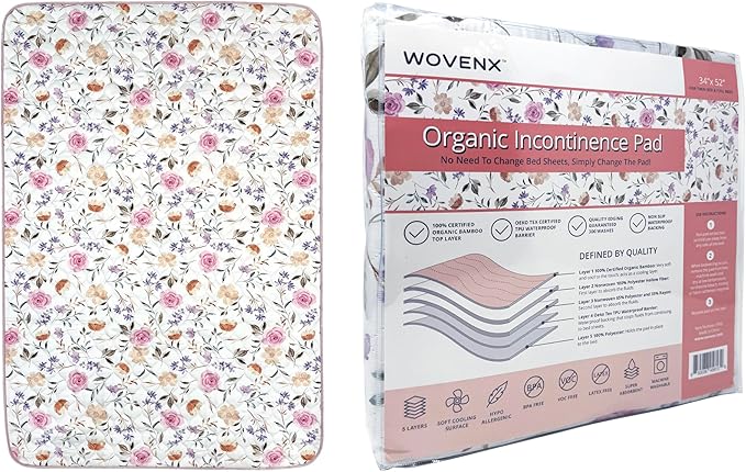 Organic Incontinence Pads for Kids & Toddlers - 5 Layer Waterproof Protectors for Overnight Bed Wetting - Reusable & Washable Pee Pads - Fits Twin to Full Size Beds - 34" x 52" Flower
