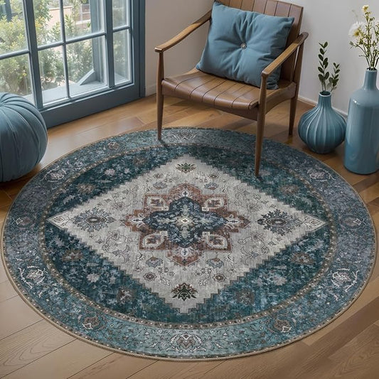 Ciicool Circle Boho Area Rug 4x4ft Round Washable Bedroom Non-Slip Vintage Entryway Throw Low-Pile Indoor Carpet for Living Room Foyer