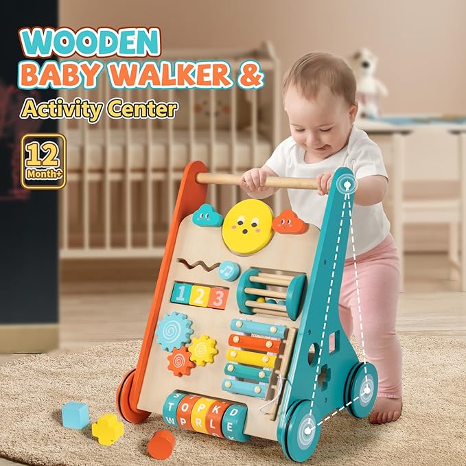 Wooden Baby Walker, Montessori Walker for Babies 6-12 Months, Push Walking Toys for 1 Year Old Learning to Walk