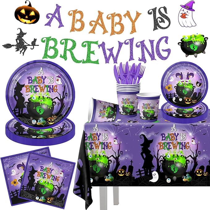 Halloween Baby Shower Decorations-142pcs A Baby is Brewing Halloween Tableware Include Plates, Napkins, Cups, Banner and Tablecloth for Boy Girl Gender Reveal Party Supplies