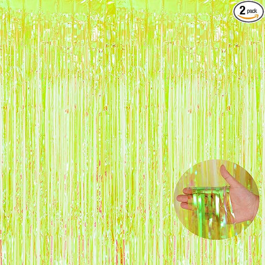 BRAVESHINE Iridescent Foil Fringe Backdrop - 2 Pack 3.2 x 6.5 ft Holographic Tinsel Curtain Party Streamers Photo Backdrop for Birthdays Dinosaur Theme Christmas Patricks Decorations - Clear Green