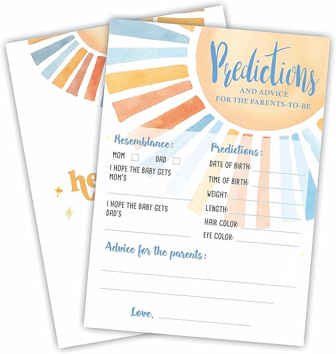 Retro Sunshine Baby Shower Baby Predictions & Advice Game Set - Watercolor Sun Theme Baby Shower Game Kit, Gender Reveal, Baby Announcement Party Favor & Supplies - A01