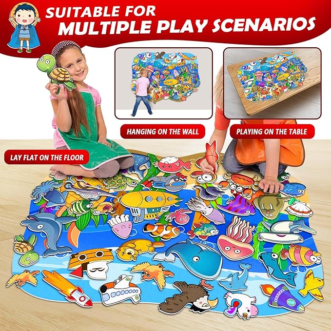 SKOLESK Felt Story Board Set 41x29 inch Flannel Board 75 Pcs Preschool Learning Ocean Themed Toy Interactive Storytelling Teaching Play Activity Kits for Toddlers Kids