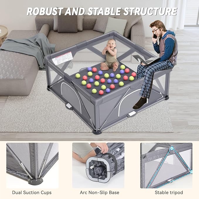 Foldable Baby Playpen, Extra Large Play Pen for Babies and Toddlers, Baby Fence Play Yard, Safety Kids Portable Playpin Indoor&Outdoor (59"X59",Dark Grey)